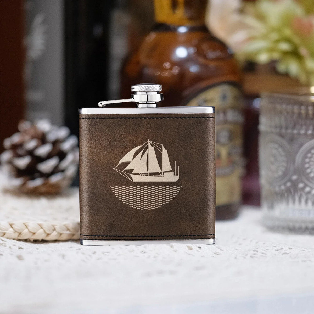 Personalized Leather-Wrapped Hip Flask (8oz)
