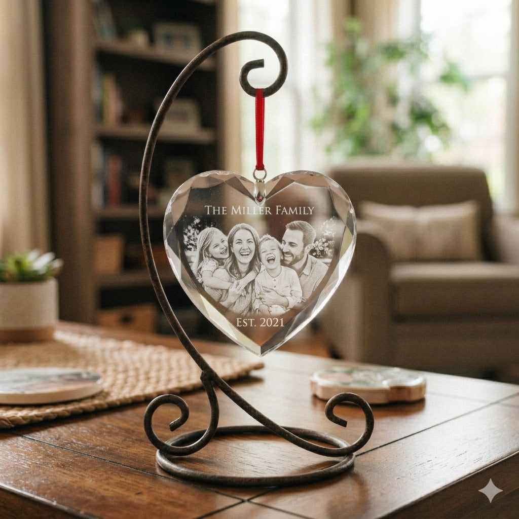 Laser Engraved Glass Heart Ornament